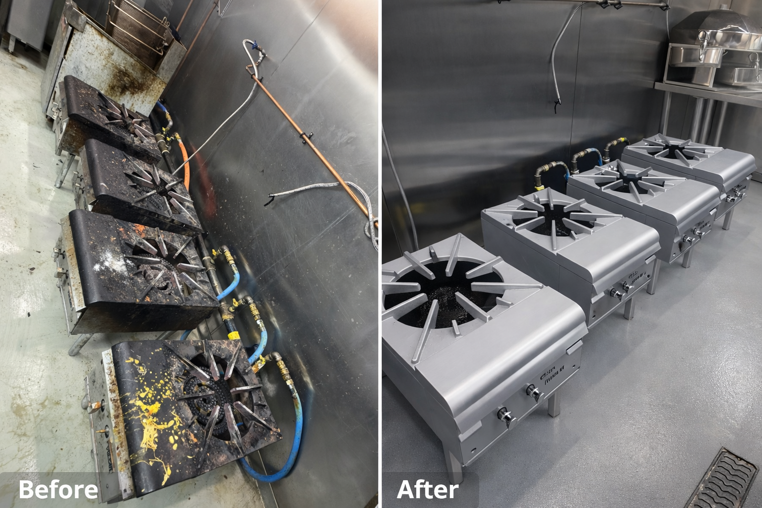 Comparison of a dirty, greasy commercial stove with four burners before cleaning on the left, and a clean, shiny commercial stove with four burners after cleaning on the right.
