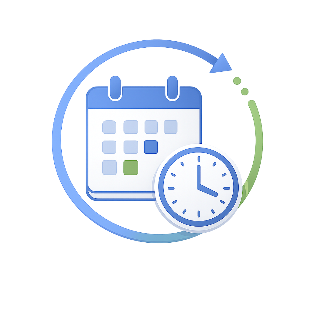 A digital illustration of a calendar, a clock, and paper with a green check mark, symbolizing scheduling or time management.