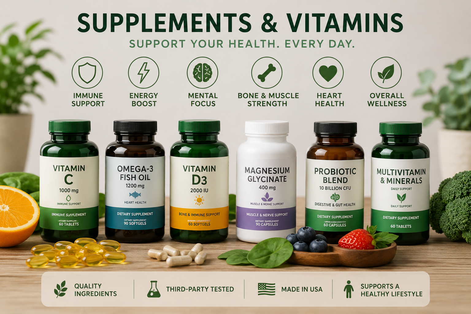 Display of six supplement bottles on a wooden surface, including Vitamin C, Omega-3 Fish Oil, Vitamin D3, Magnesium Glycinate, Probiotic Blend, and Multivitamin & Minerals, with a background of plants and vegetables, promoting health benefits.