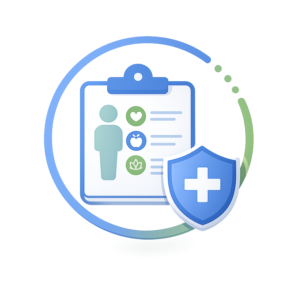 Digital health profile on a clipboard with health icons, shield with a medical cross indicating health insurance or protection.