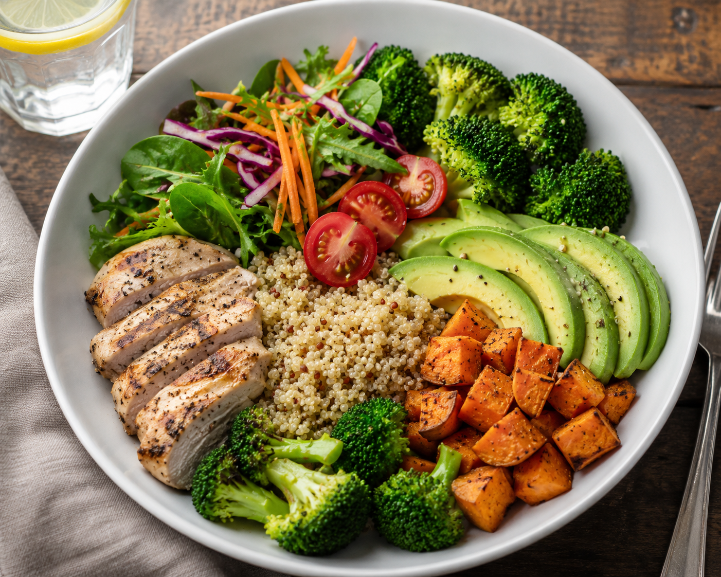 A bowl filled with grilled chicken slices, quinoa, broccoli, avocado slices, roasted sweet potatoes, cherry tomatoes, shredded carrots, purple cabbage, and mixed greens, with a glass of lemon water in the background.