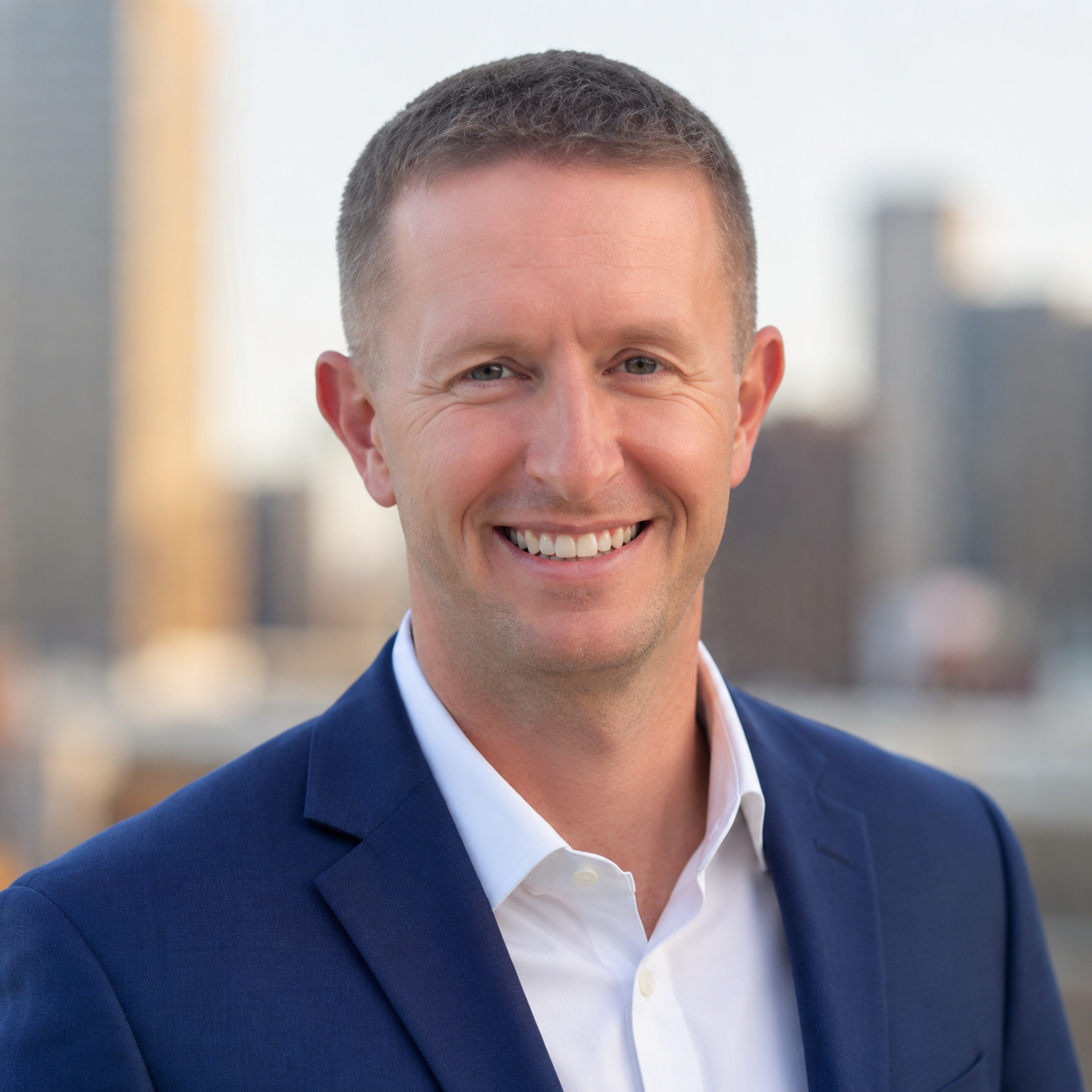 Headshot of a smiling man in a navy suit and white shirt with an urban city skyline in the background during daytime.