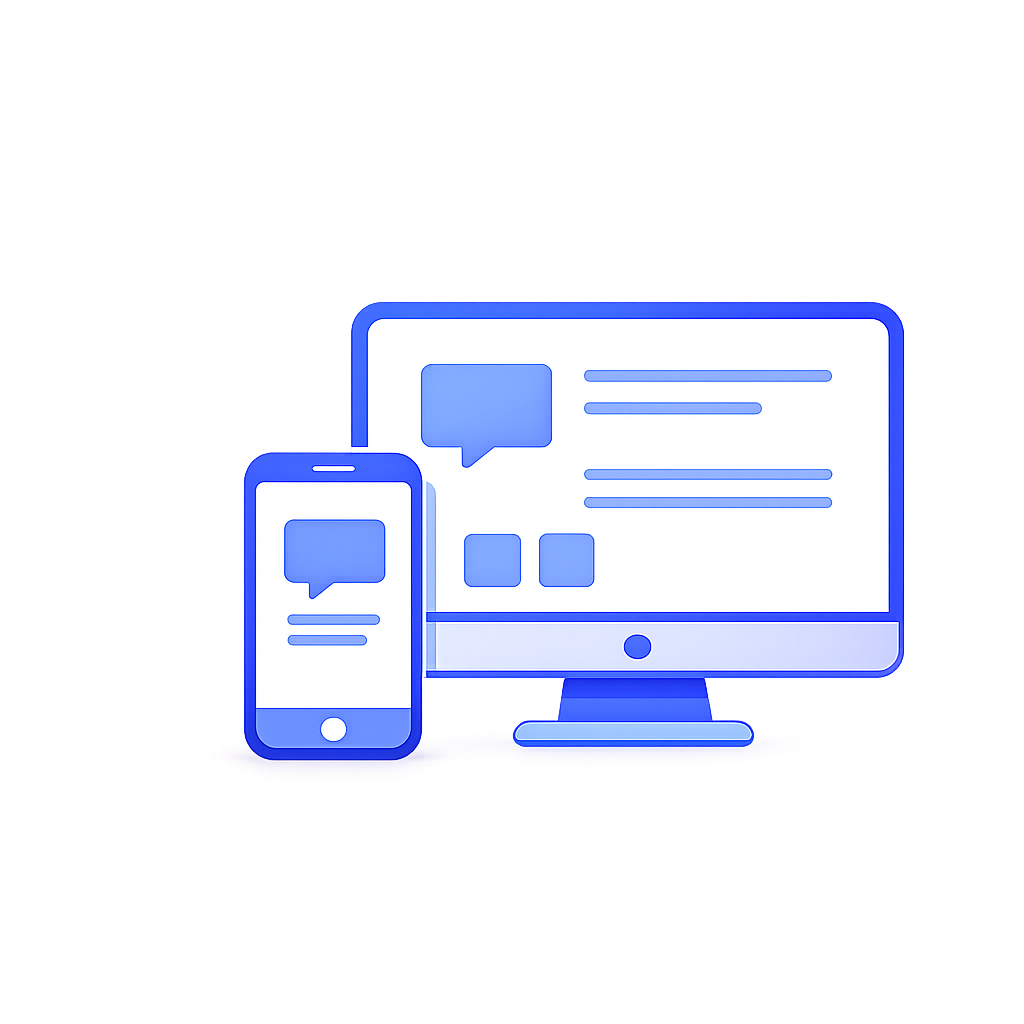 Digital illustration of a smartphone and computer monitor with chat message icons on the screens, representing online messaging or communication.