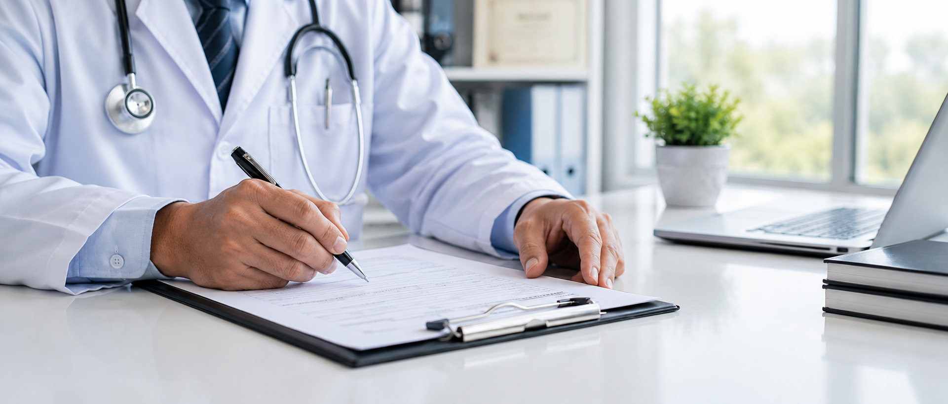 A doctor in a white coat with a stethoscope around their neck writing on a clipboard with a pen, sitting at a white desk in a well-lit room with a laptop, books, and a potted plant nearby.