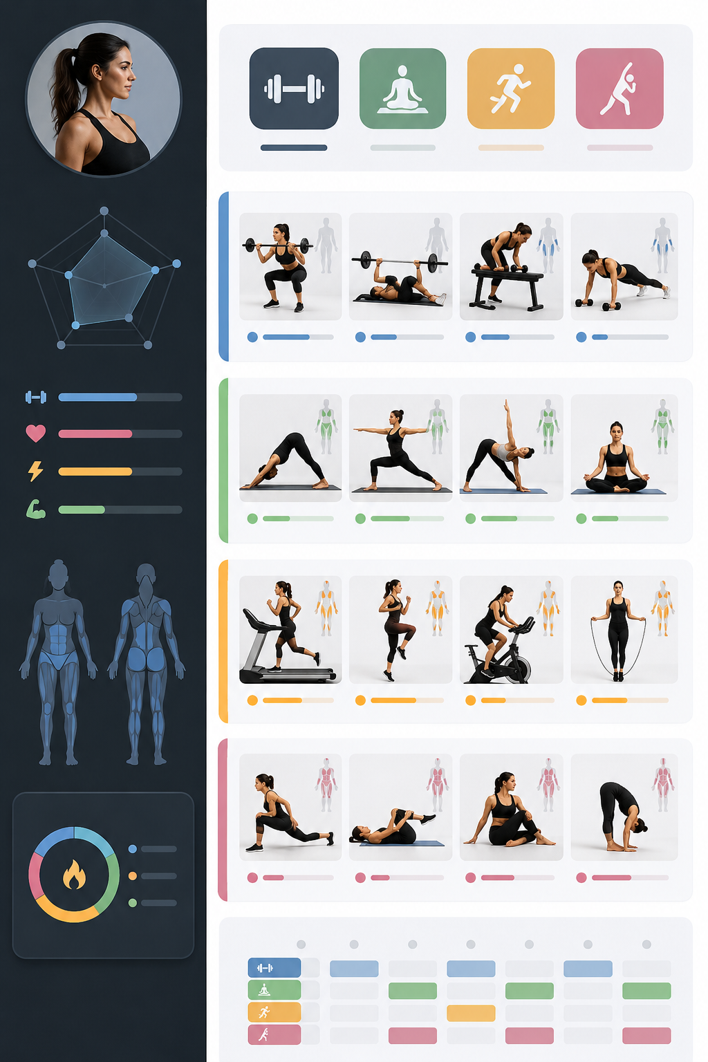 A fitness app interface displaying a female profile picture, activity icons, and four sections of different workout images: weightlifting, stretching, running on a treadmill, and yoga, with progress bars and calorie burn statistics.