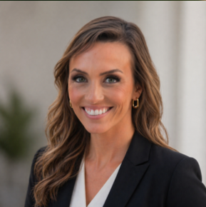 A smiling woman with long wavy brown hair wearing a black blazer and gold hoop earrings.