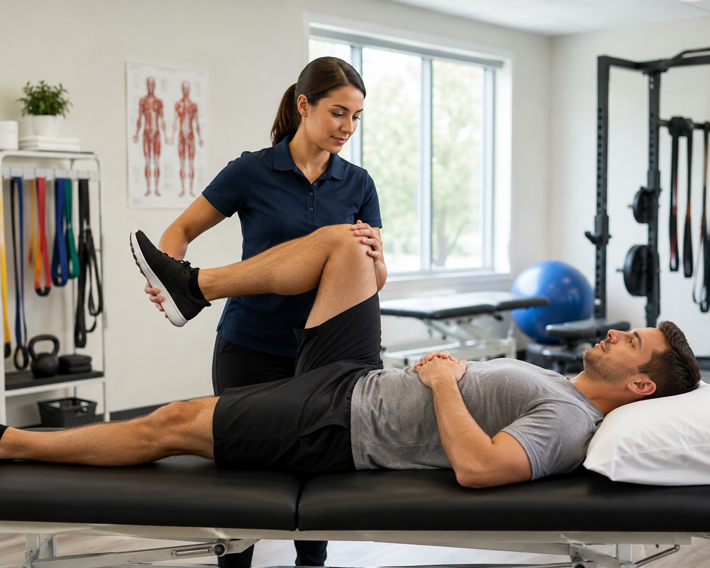 Physical therapy session in a clinic, with a woman therapist assisting a man with a leg stretching exercise on a treatment table.