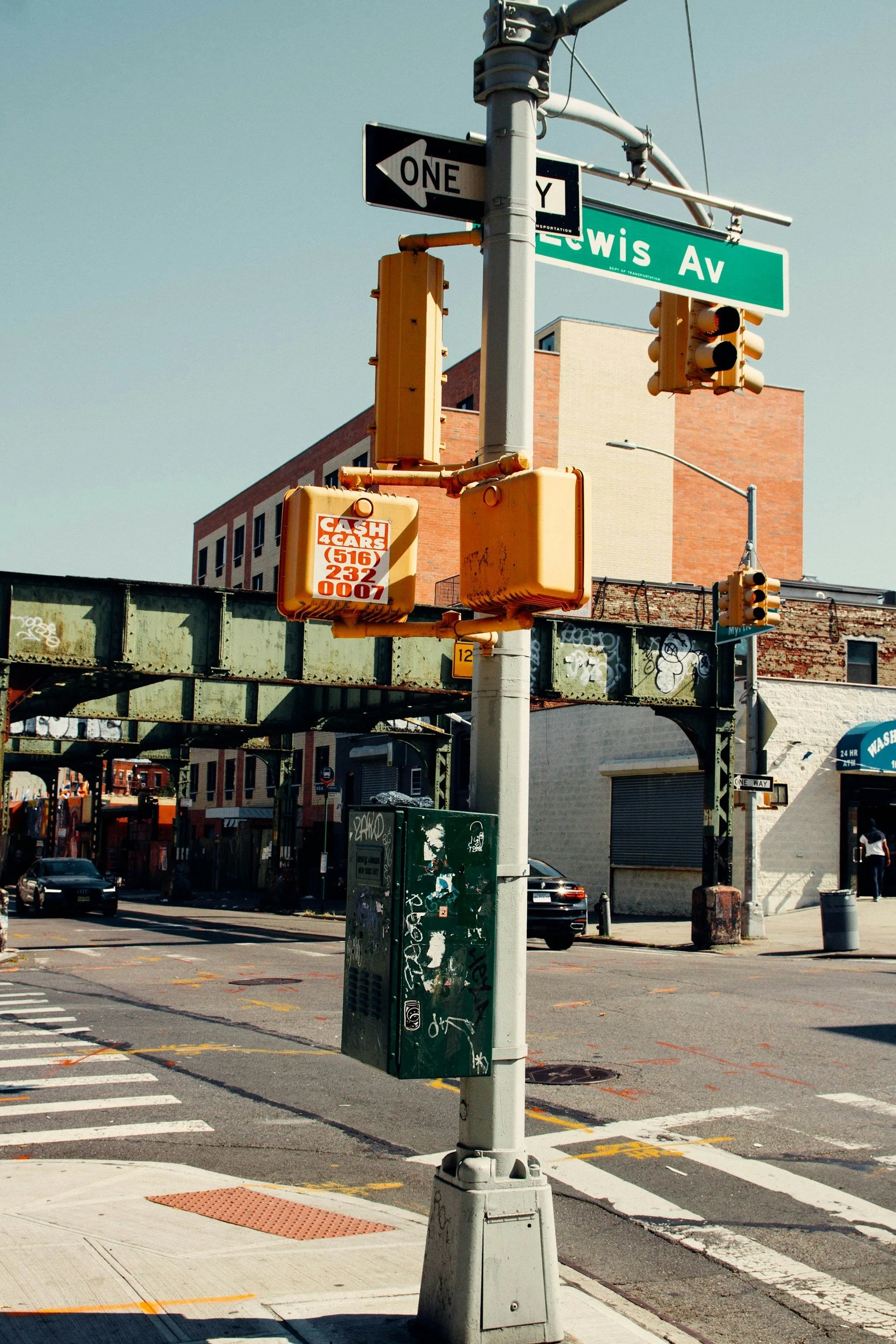 Street corner with traffic light, street signs for Lewis Avenue and a one-way sign, and a yellow taxi fare sign with phone number. Urban setting with buildings, cars, and graffiti.