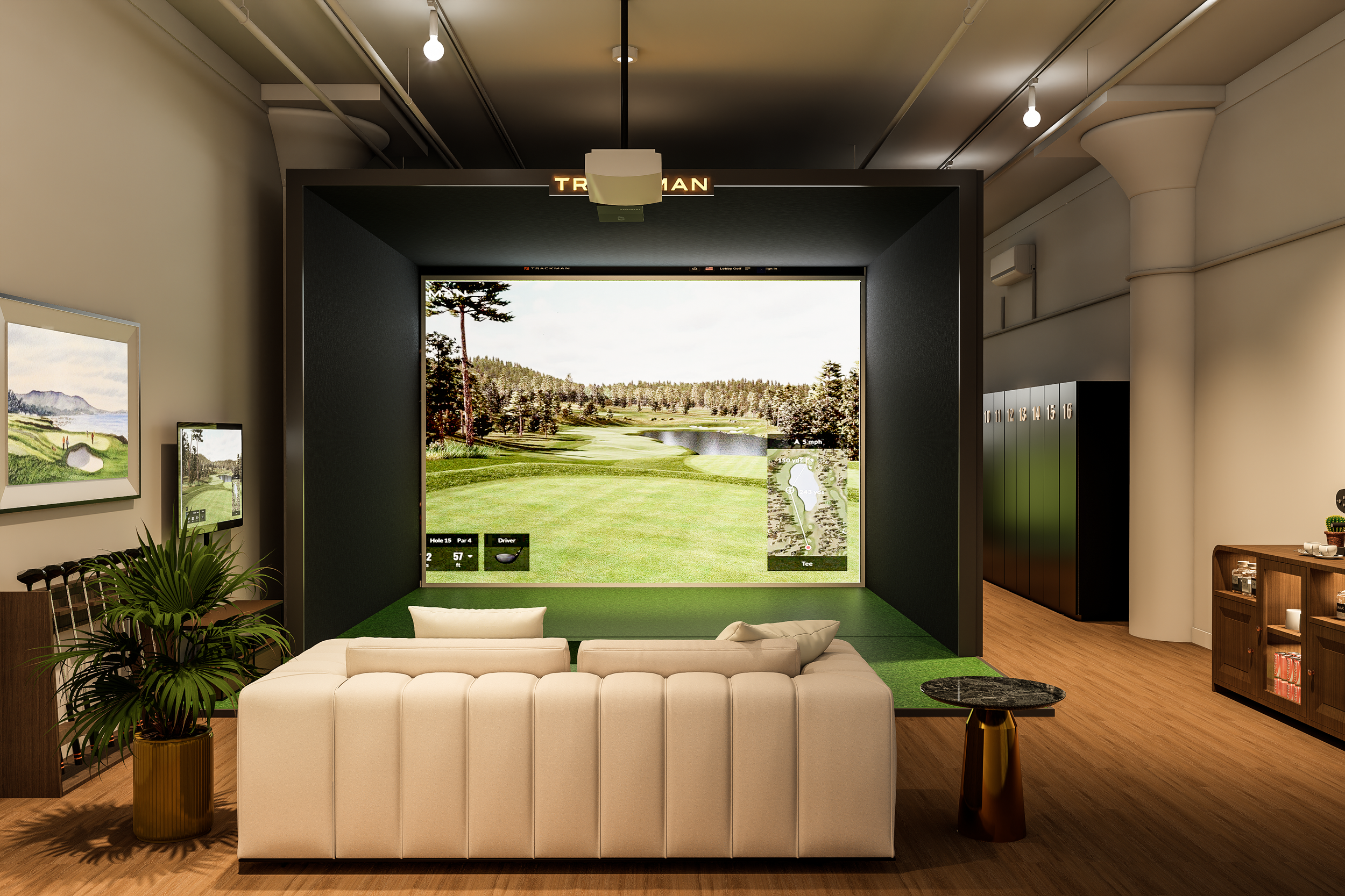 Indoor golf simulator room with a large screen displaying a golf course, white sofa, potted plant, side table, and lockers on the right.