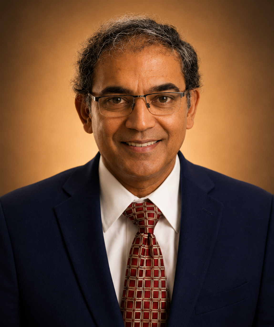 Professional man wearing glasses, a dark suit, white shirt, and a patterned tie, smiling at the camera with a warm brown background.