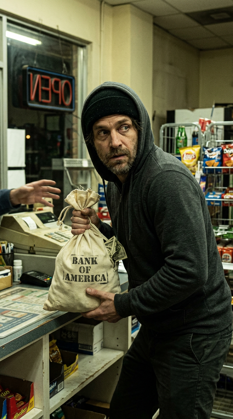 A man in a black hoodie and beanie at a convenience store counter holding a bag labeled 'Bank of America.'