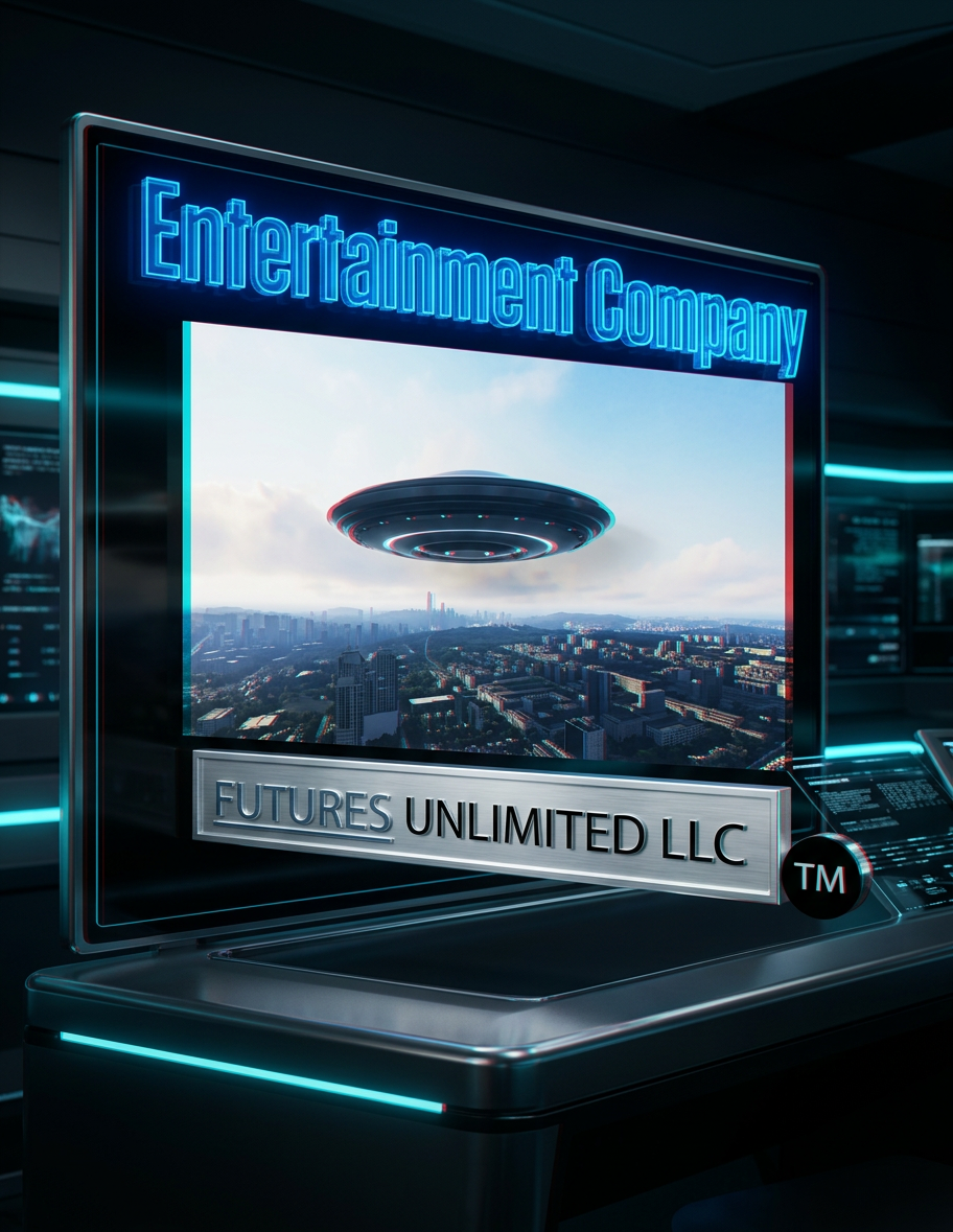 A futuristic digital display showing the words 'Entertainment Company' above a cityscape scene with a UFO hovering in the sky. The display also includes the text 'FUTURES UNLIMITED LLC' and a TM symbol.