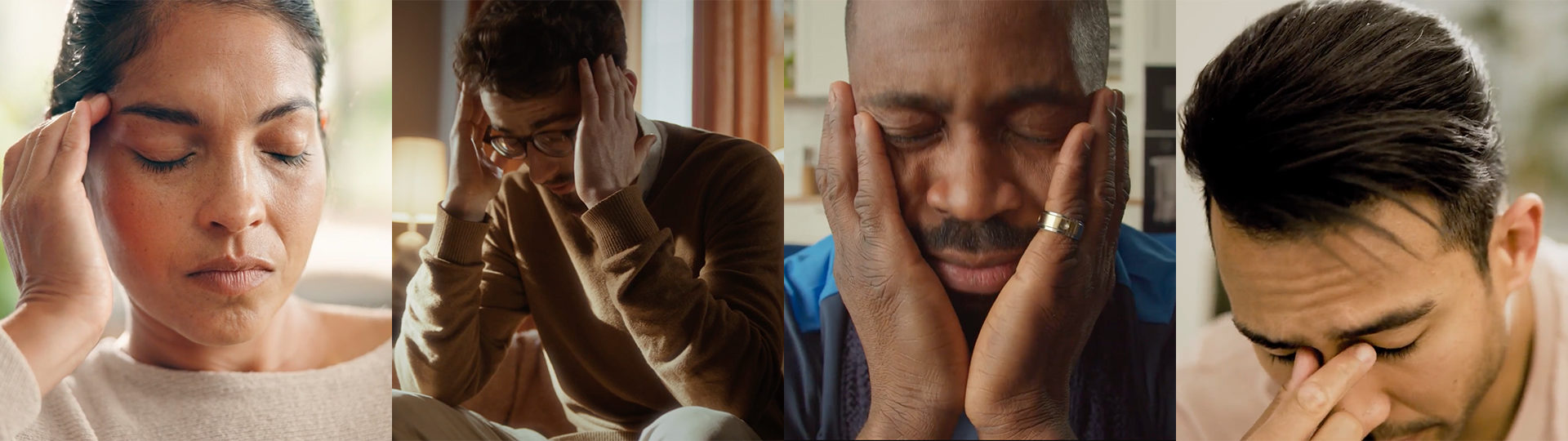Four people experiencing stress or headache, with hands on their foreheads and eyes closed, indoors in a home or office setting.