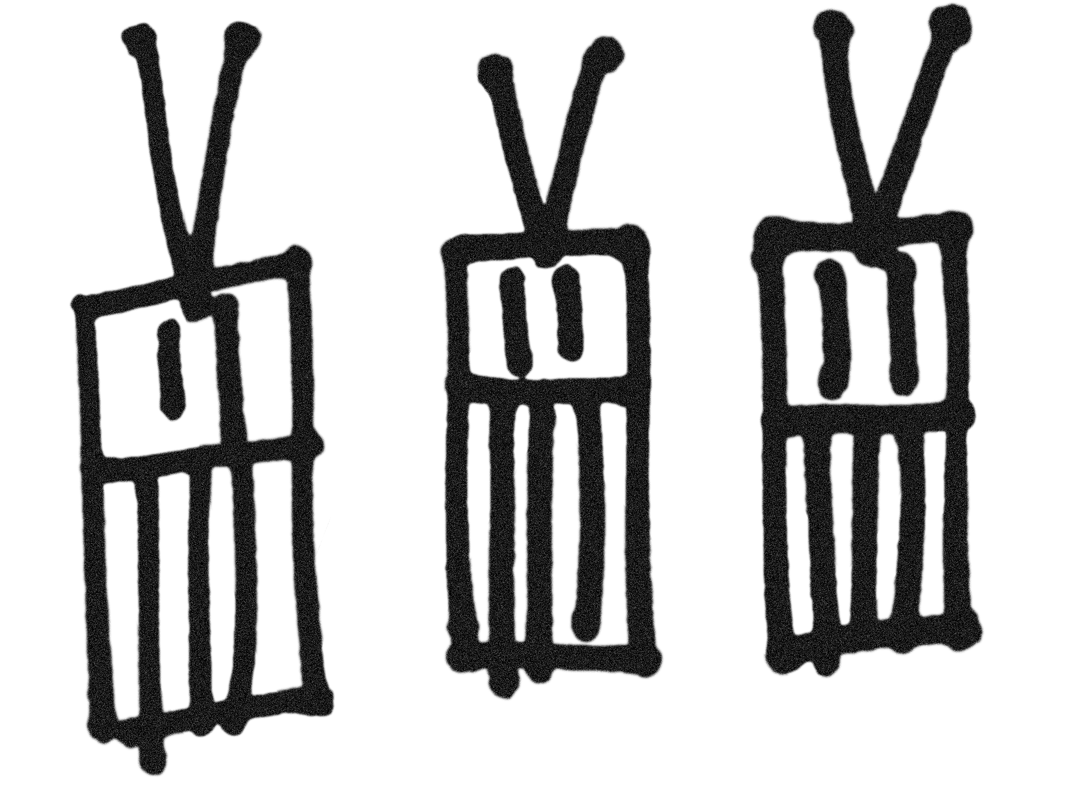 Three black and white drawings of little robots