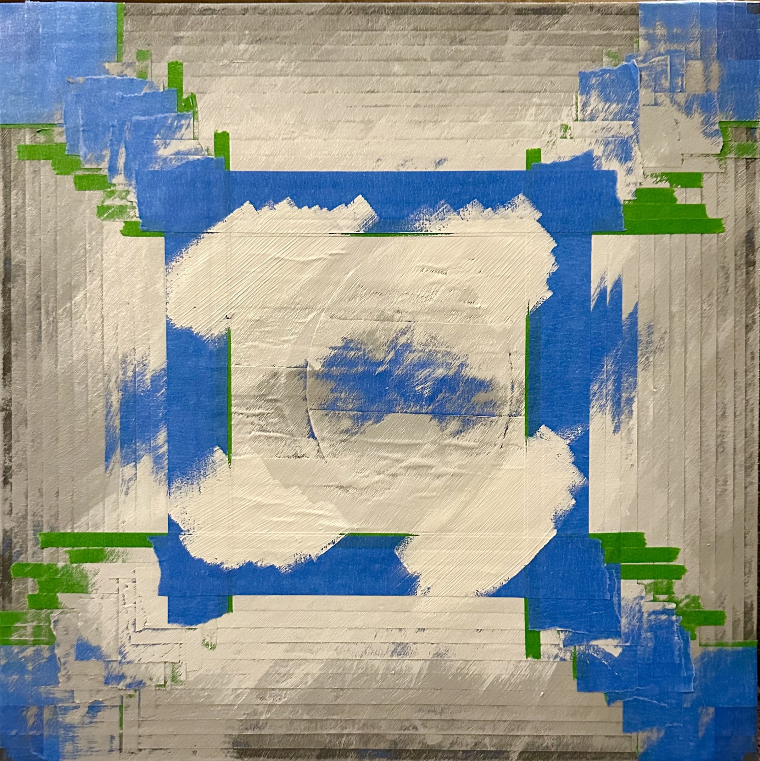 Abstract digital artwork with layers of blue, green, and silver colors, featuring geometric shapes and textured patterns.