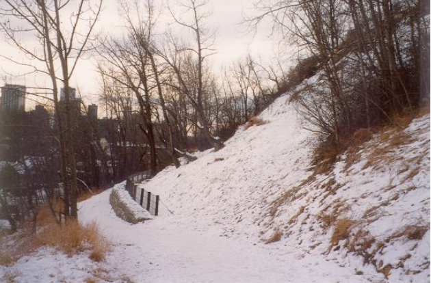 Snow-covered path on a hillside with trees and a wooden fence, and buildings in the background during winter.