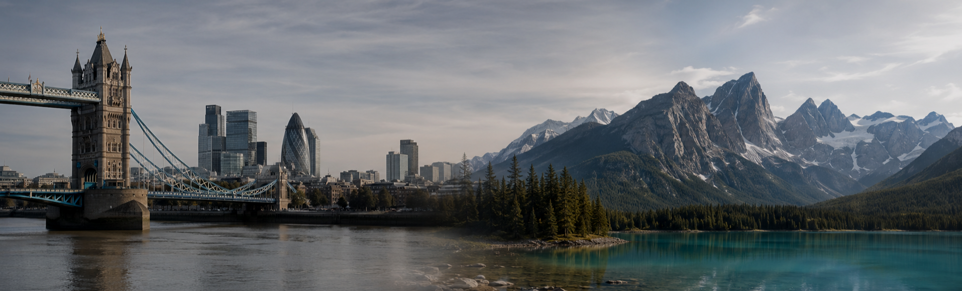 Cityscape of London with the Tower Bridge, modern skyscrapers, and a mountain range with snow-capped peaks behind a lake and forest.