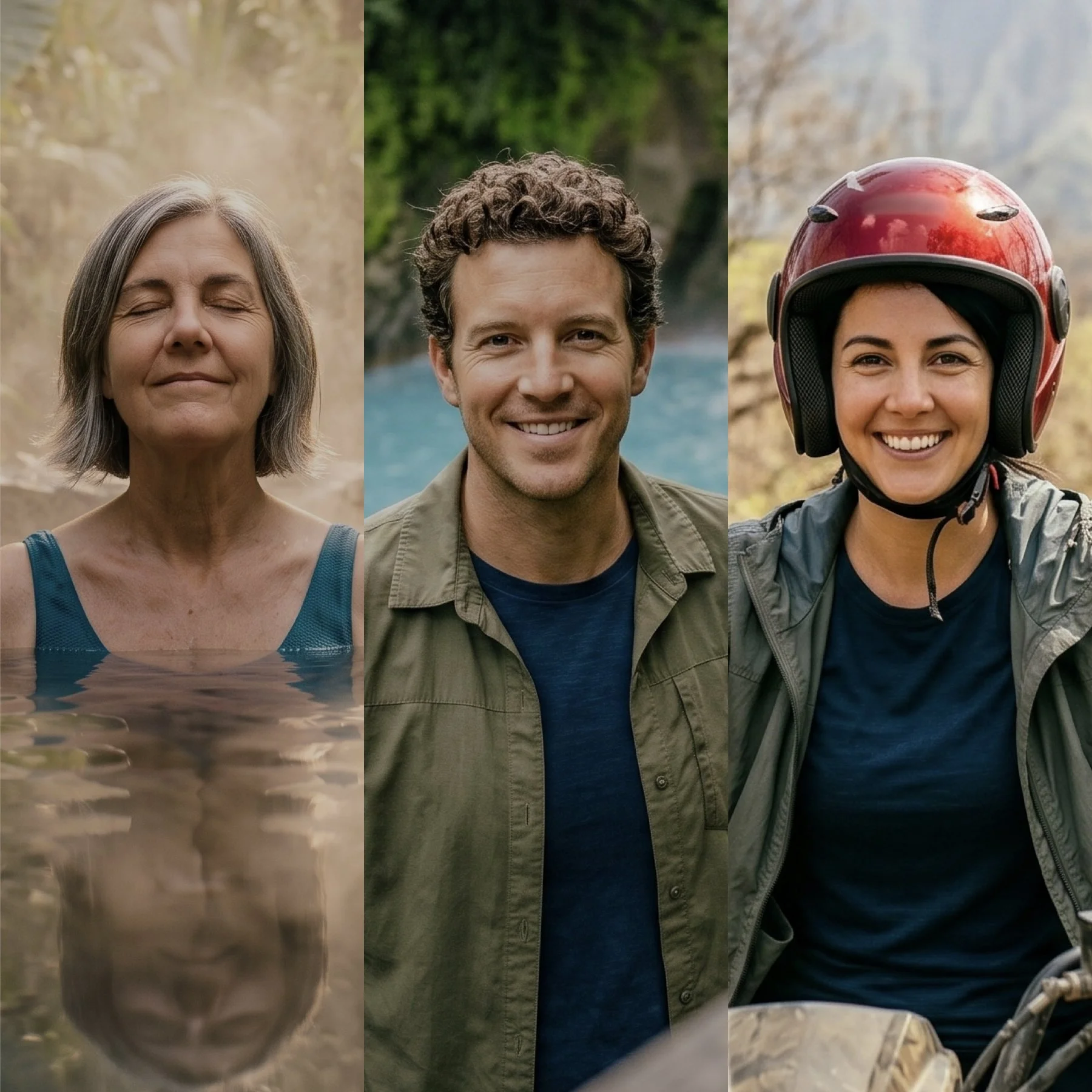 Composite image featuring three individuals: an older woman with gray hair meditating with eyes closed in a natural setting, a middle-aged man with curly hair smiling outdoors against a green background, and a young woman wearing a red helmet and smiling, possibly on a motorcycle or bicycle, in a park-like setting.