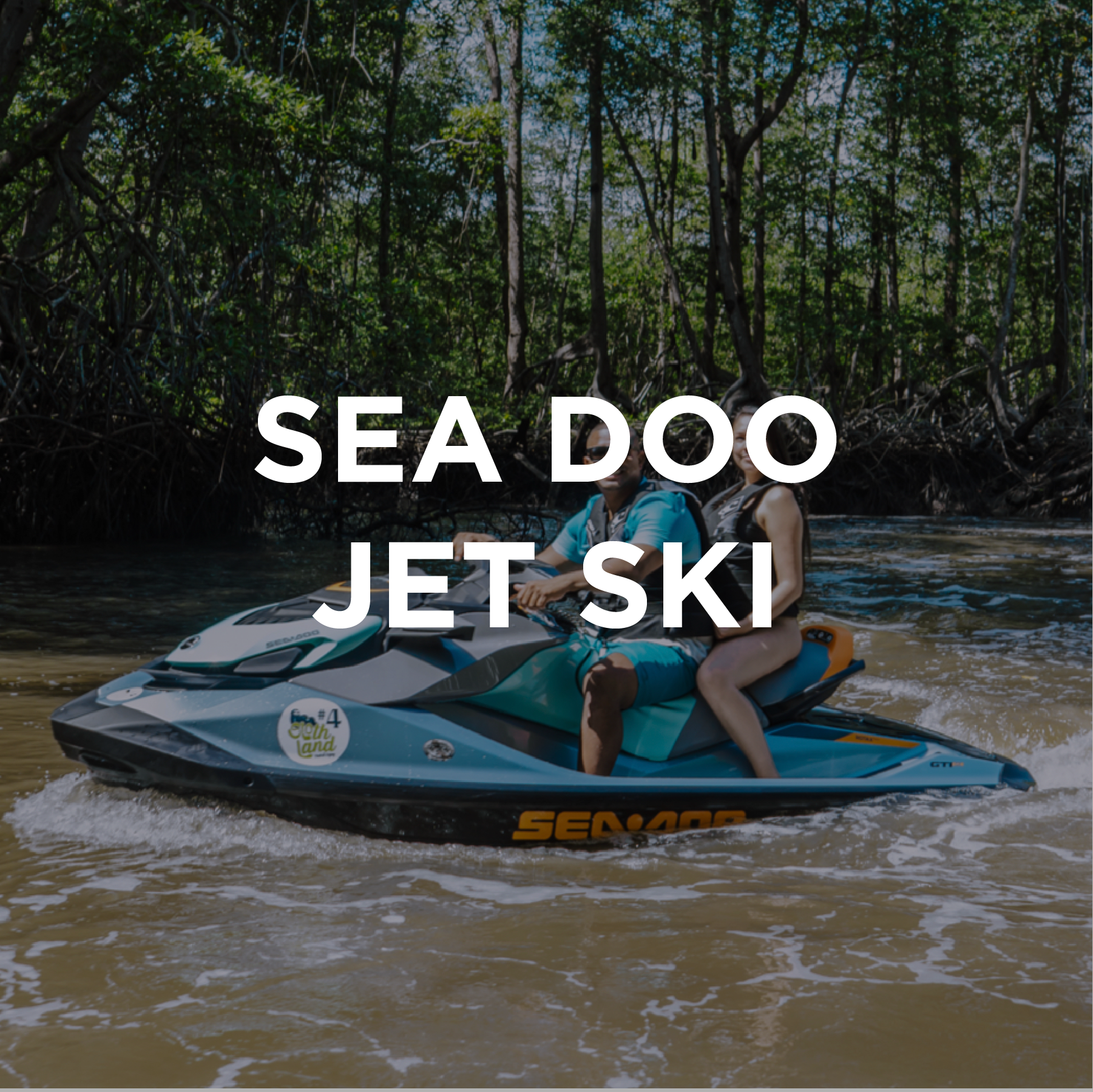 Two people riding a Sea-Doo jet ski on a river, with lush green trees in the background.