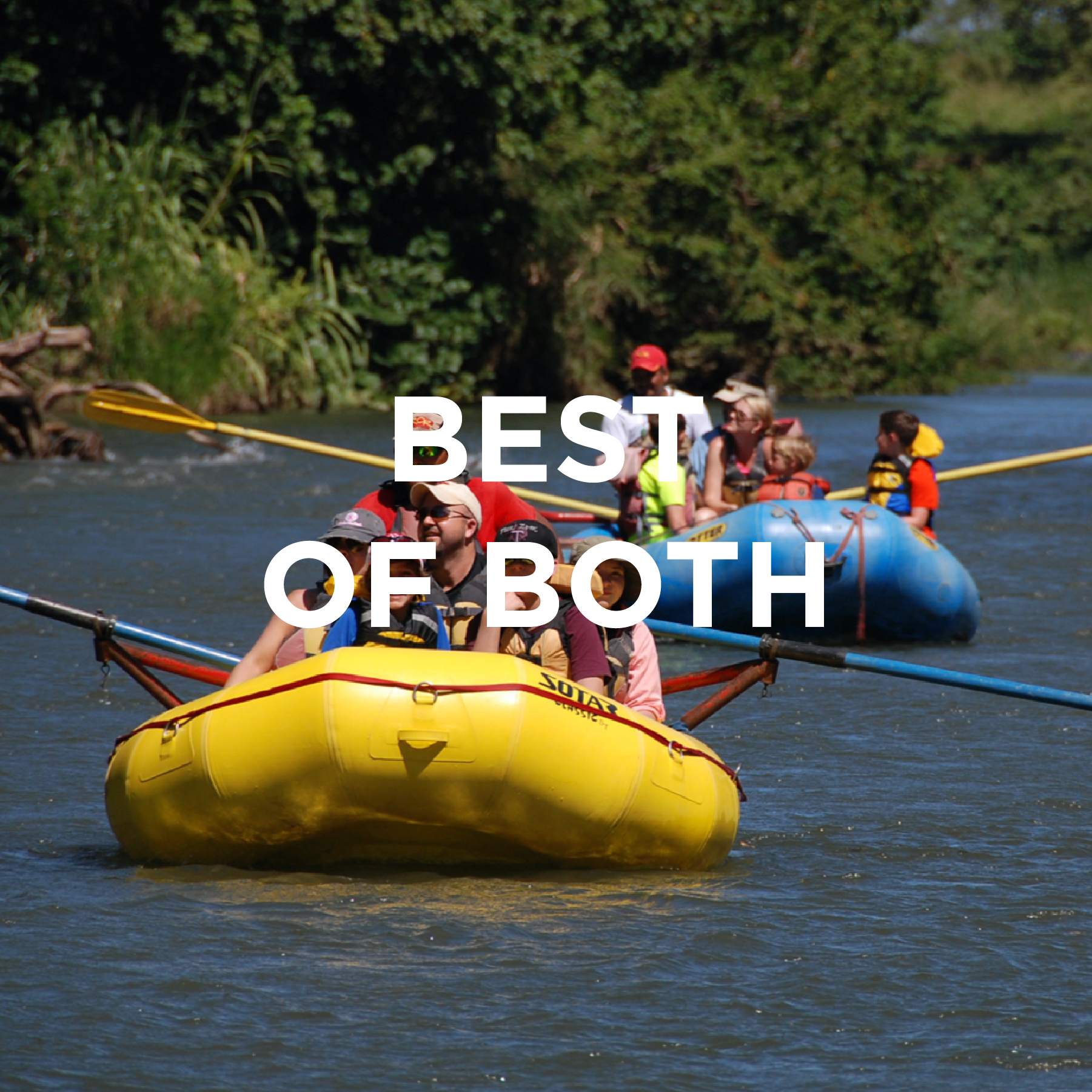 A group of people on a yellow and blue raft floating on a river, surrounded by green trees.