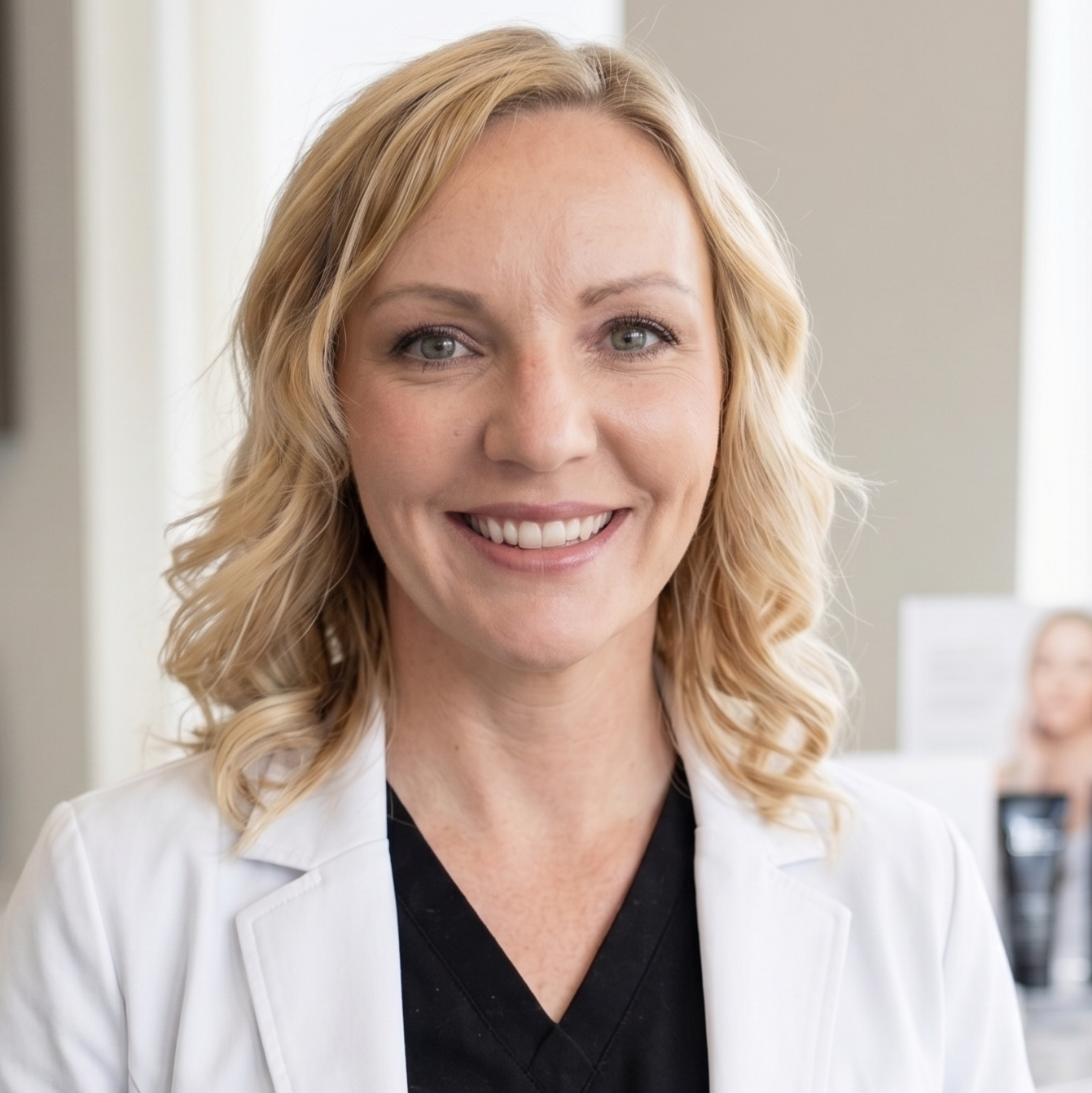 A smiling blonde woman in a white lab coat standing in a bright, professional medical or clinical environment.