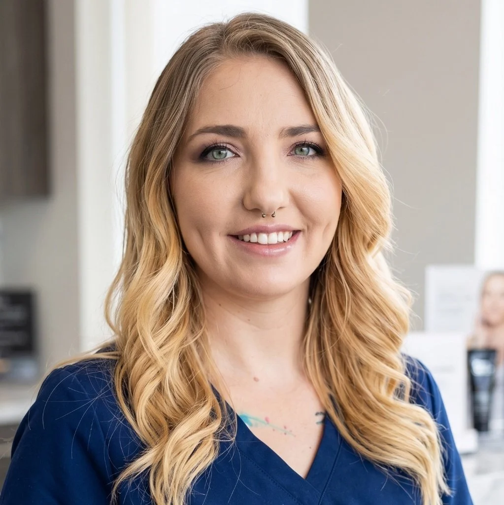 A woman with blonde wavy hair, wearing a blue top, smiling at the camera in a professional setting.