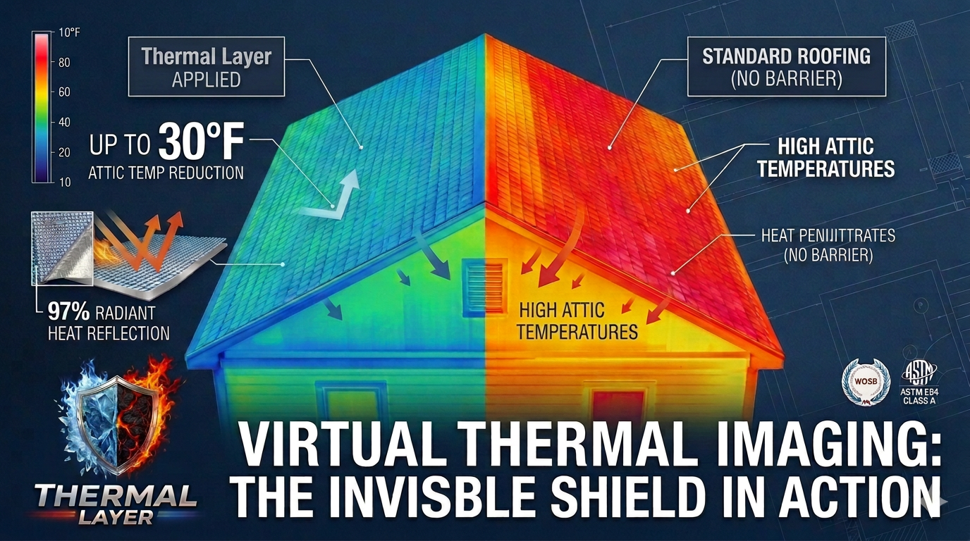Diagram of a house with thermal imaging showing reduced attic temperature by applying a thermal layer, with labels indicating standard roofing, high attic temperatures, heat penitrates, and attic temperature reduction up to 30°F, emphasizing the effectiveness of thermal insulation.