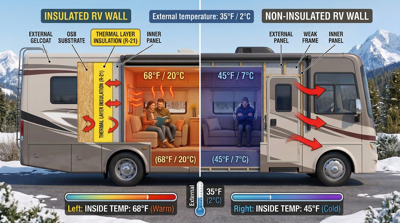 Diagram of insulated versus non-insulated RV wall construction showing temperature regulation. The insulated wall on the left maintains inside a warm 68°F (20°C) with thermal layer insulation, while the non-insulated wall on the right allows the inside to stay cold at 45°F (7°C). The external temperature is 35°F (2°C). The insulated wall has layers including external gelcoat, OSB substrate, thermal layer insulation, and an inner panel. The non-insulated wall has external panel, weak frame, and inner panel. The diagram highlights the temperature difference inside and outside with visuals of people in cold and warm environments.
