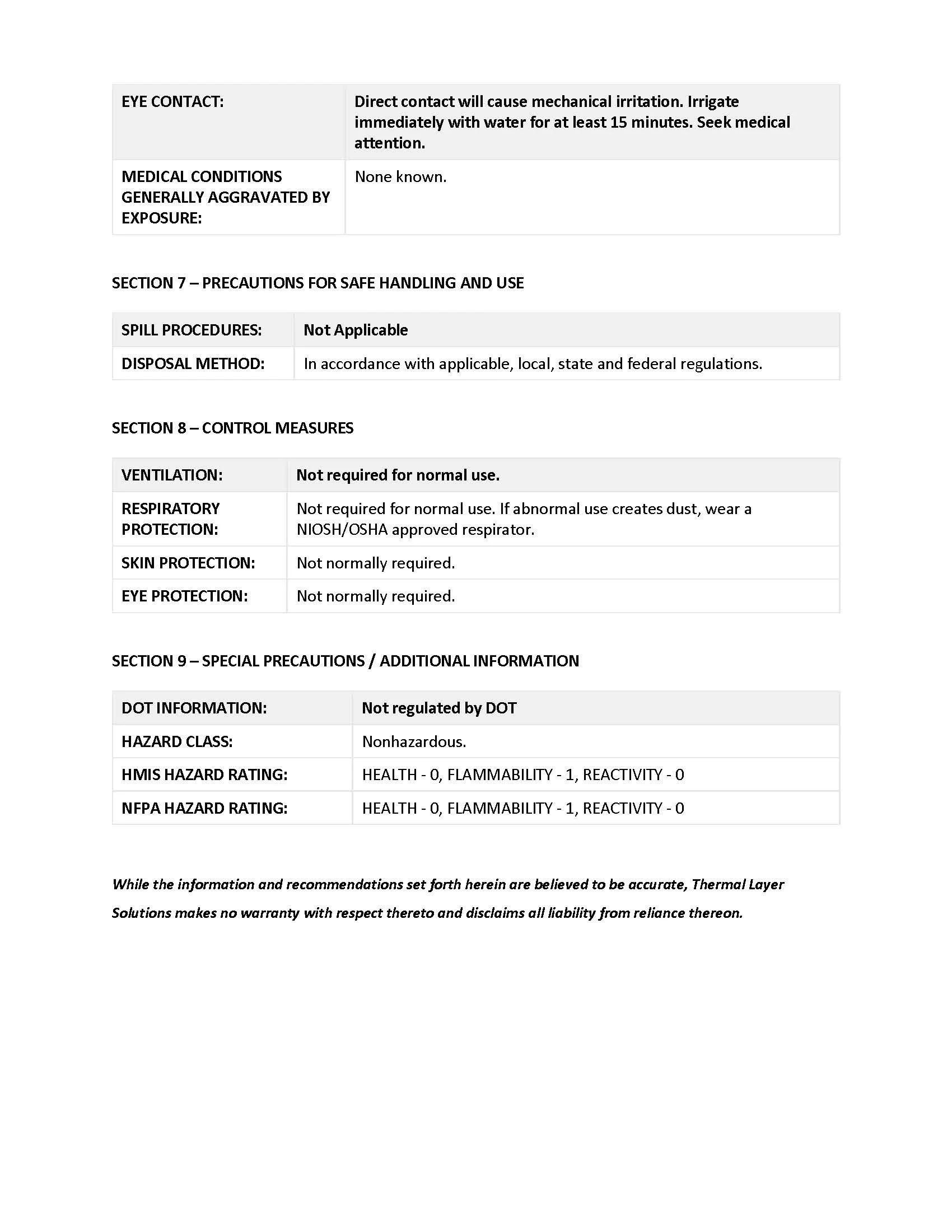 A safety data sheet with information on eye contact, medical conditions, handling, and storage of a chemical substance, including precautions and hazard ratings.