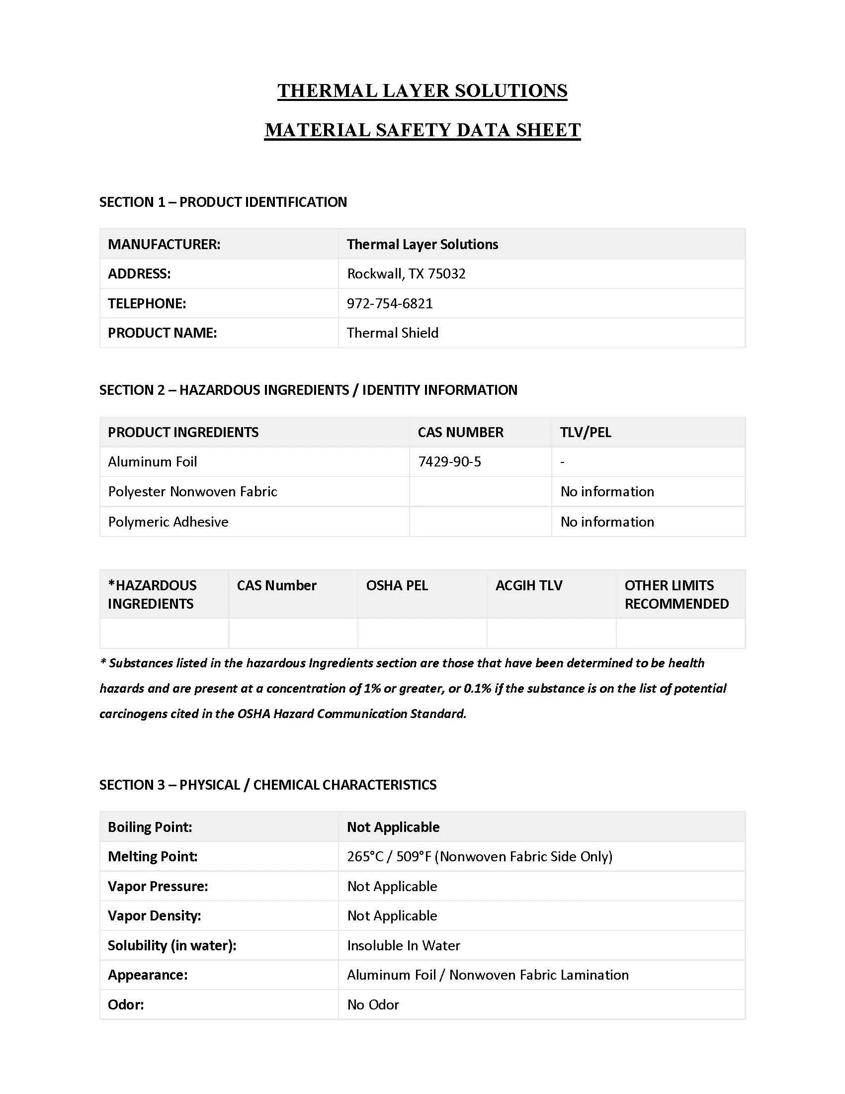 A technical data sheet titled 'Thermal Layer Solutions Material Safety Data Sheet' with sections detailing product identification, hazardous ingredients, physical and chemical characteristics, all in tabular format.