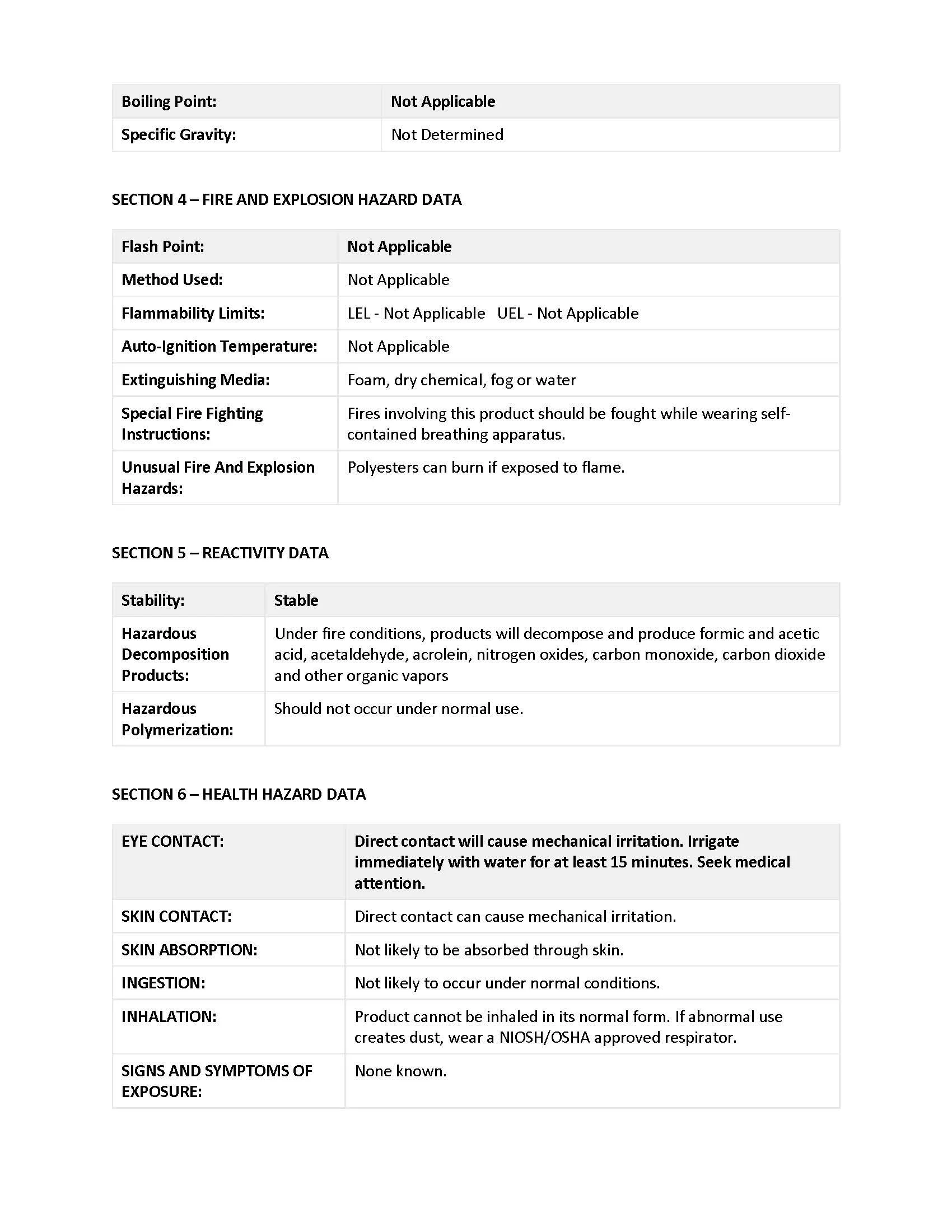 A safety data sheet with sections on fire hazard data, reactivity data, health hazard data, and signs of exposure.