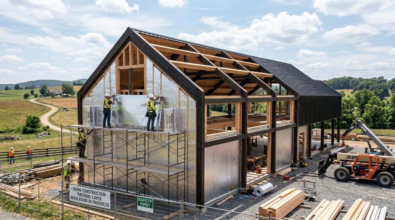 Construction workers installing insulation in a partially built house with scaffolding, a crane, and construction materials visible outdoors.