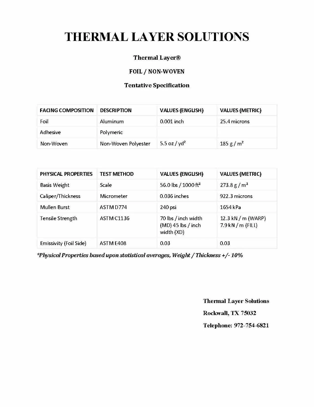 Technical datasheet for thermal layer solutions, including specifications for facing composition, physical properties, and contact information.