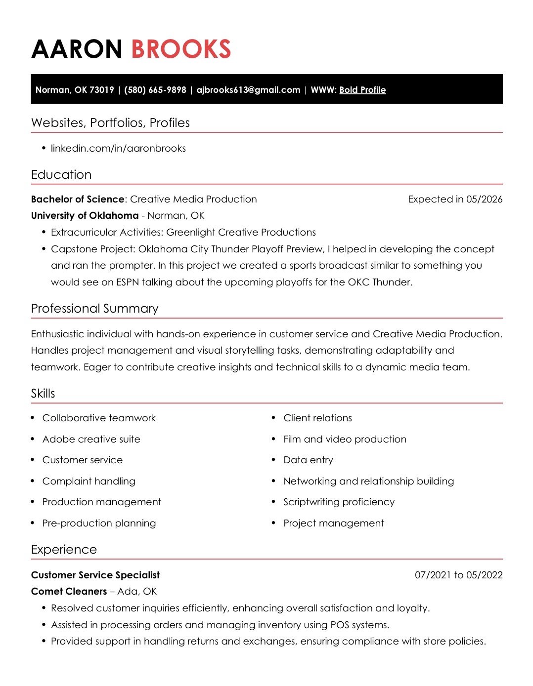 Resume of Aaron Brooks showing his contact information, education, skills, and experience details.