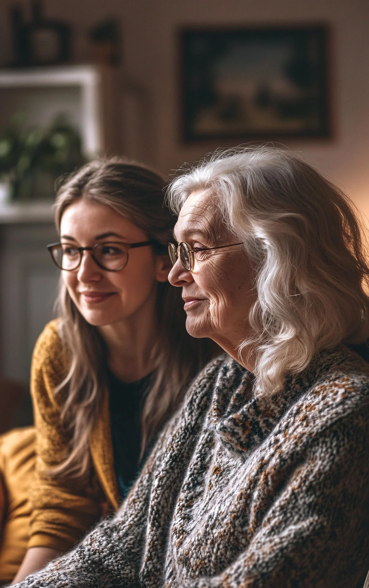 A young woman with long brown hair and glasses sitting next to an elderly woman with long gray hair and glasses, both smiling softly indoors.