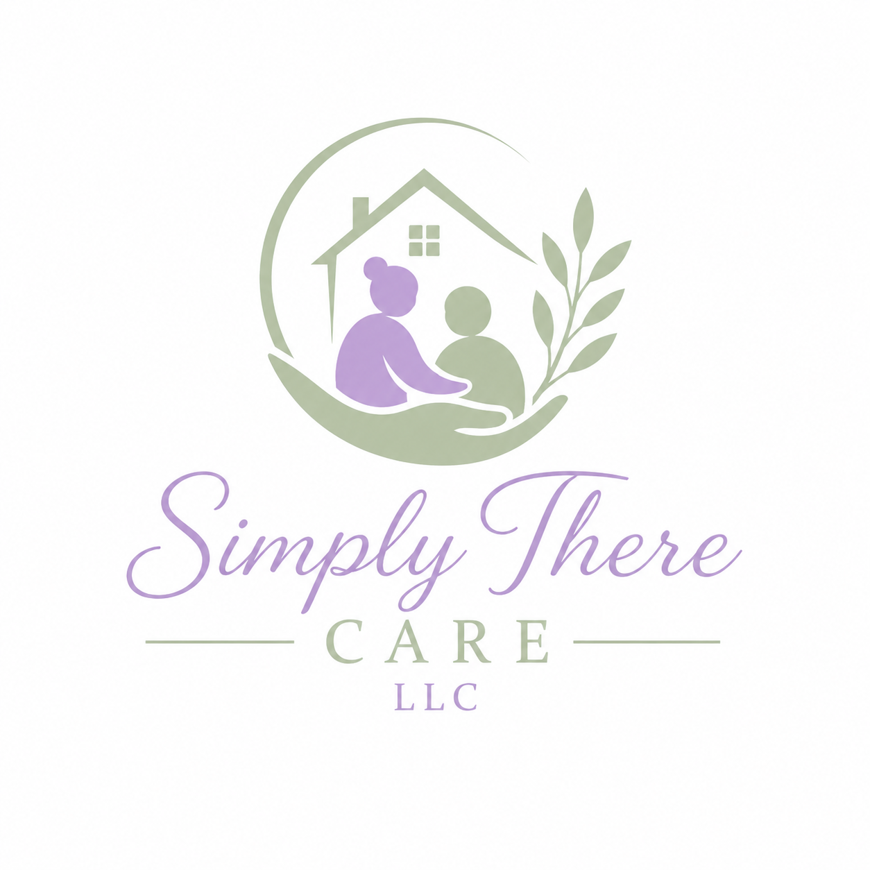 A logo for Simply There Care LLC featuring an illustration of a person caring for another person inside a house, surrounded by a leafy branch, with the business name written in script and serif fonts.
