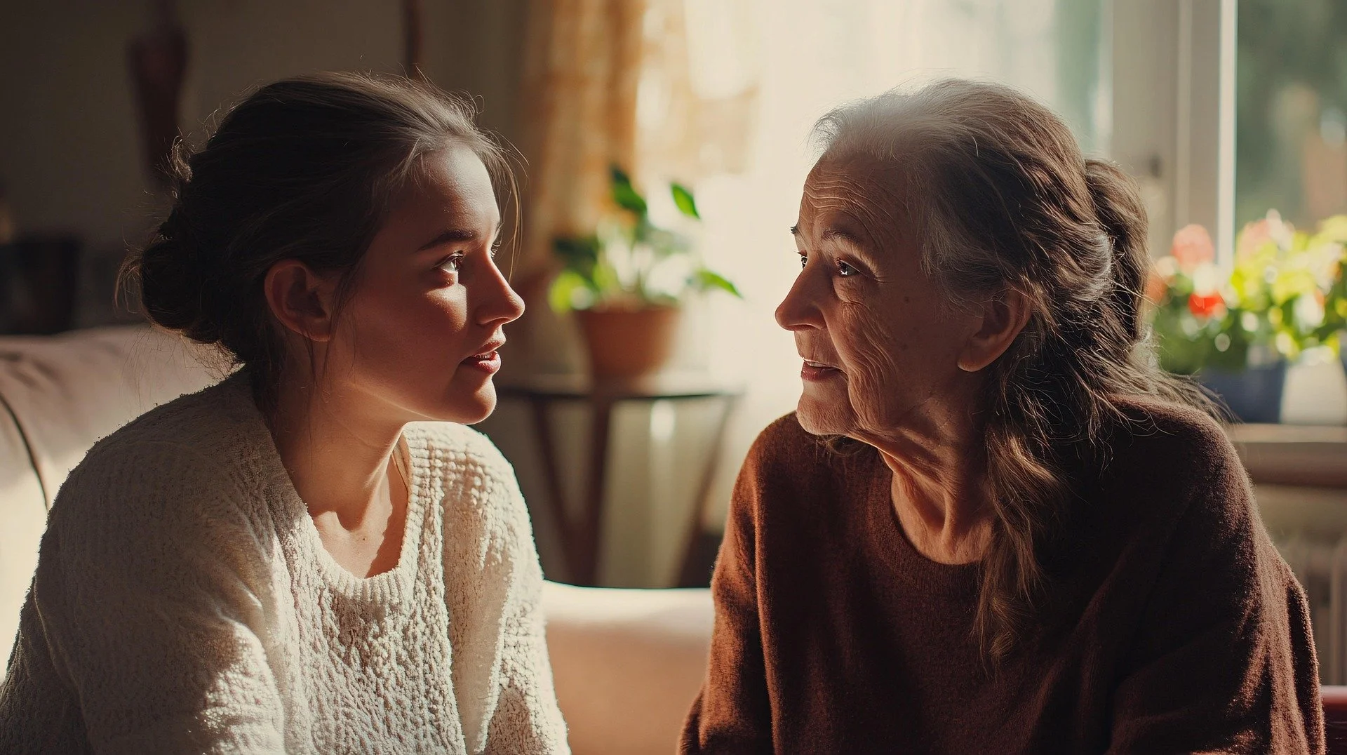 A young woman and an elderly woman facing each other closely, smiling in a warm, sunlit room with plants and flowers in the background.