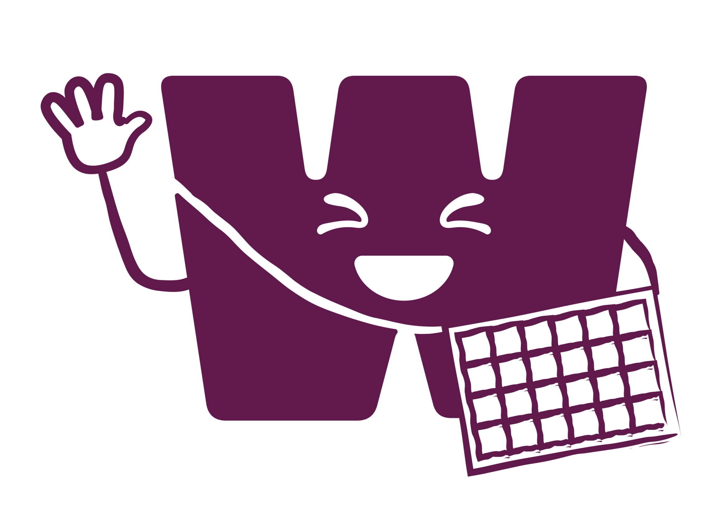 Purple cartoon character with a smiling face, waving, holding a shopping basket with a grid pattern.