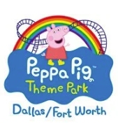 Peppa Pig theme park logo with a rainbow and clouds, located in Dallas/Fort Worth.