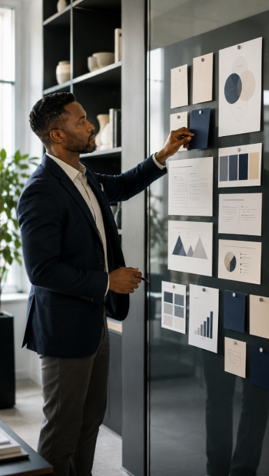 Man in a business suit pinning a blue document on a black wall with various charts and documents displayed.