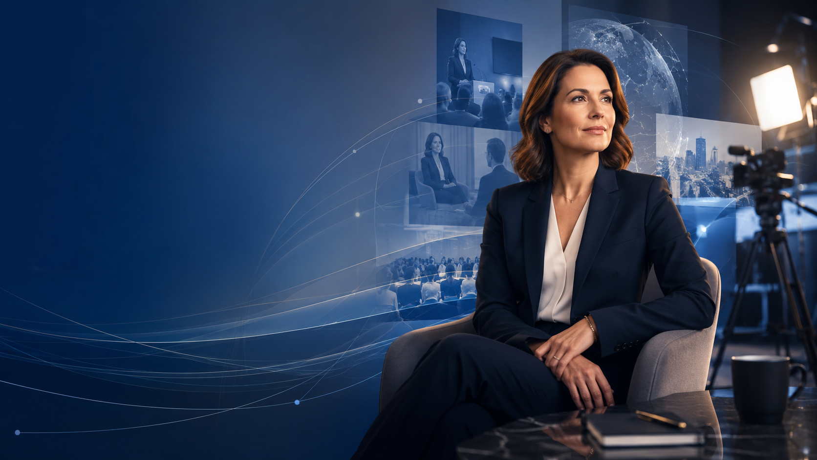 A professional woman in a navy blazer sitting in a modern studio with a background of screens showing conference scenes and digital graphics, ready for a video interview or presentation.