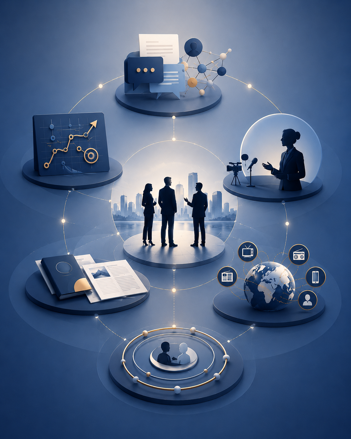 Business professionals discussing in front of a city skyline with digital icons representing communication, data analysis, technology, and global connectivity surrounding them.
