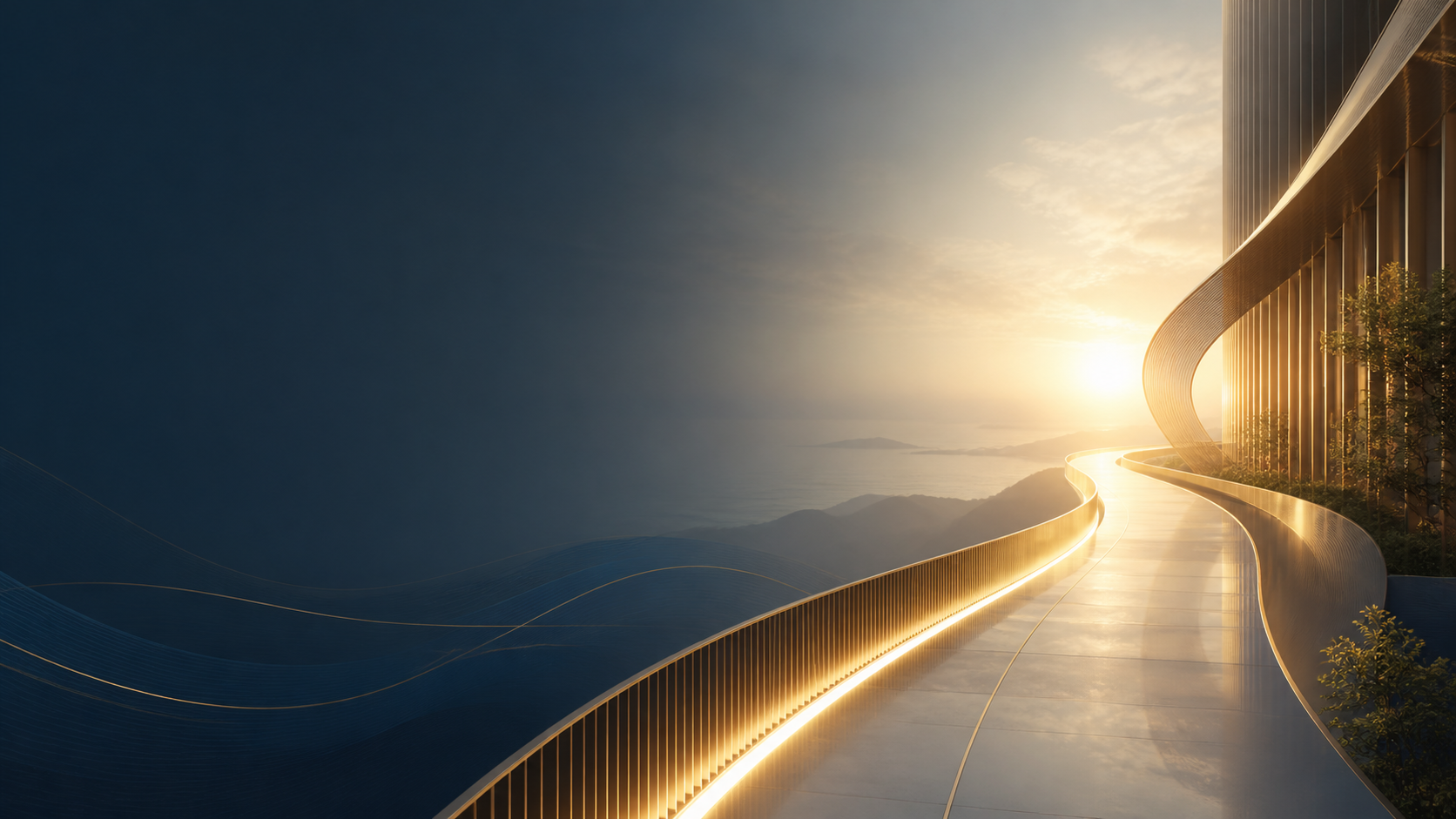 Futuristic building with curved design and glass exterior, overlooking a scenic view during sunset.