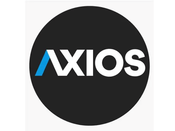 Logo with the text 'AXIOS' in white letters inside a black circle, with a blue slash before the 'A'.