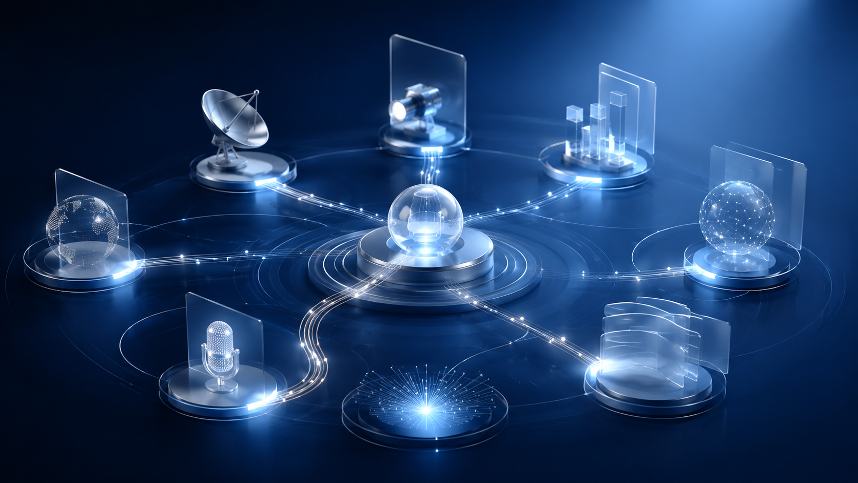 Futuristic digital graphic representing interconnected technological devices and data, including a globe, satellite dish, microphone, bar graphs, and digital shields, all glowing with blue light effects.