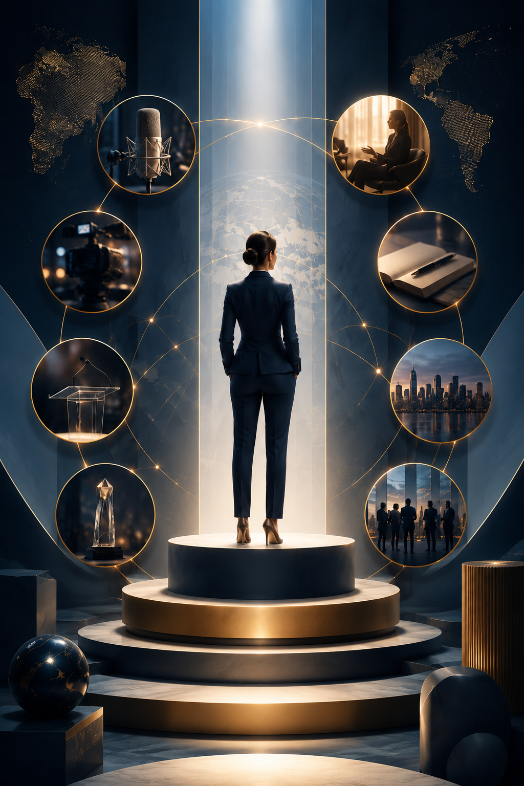 A woman in a business suit standing on a round platform with a glowing white light behind her. The background features a world map and various images in circles, including a microphone, a woman talking, a notebook, cityscapes, a podium, a camera, a trophy, and silhouettes of people in a business meeting, all connected with glowing lines.