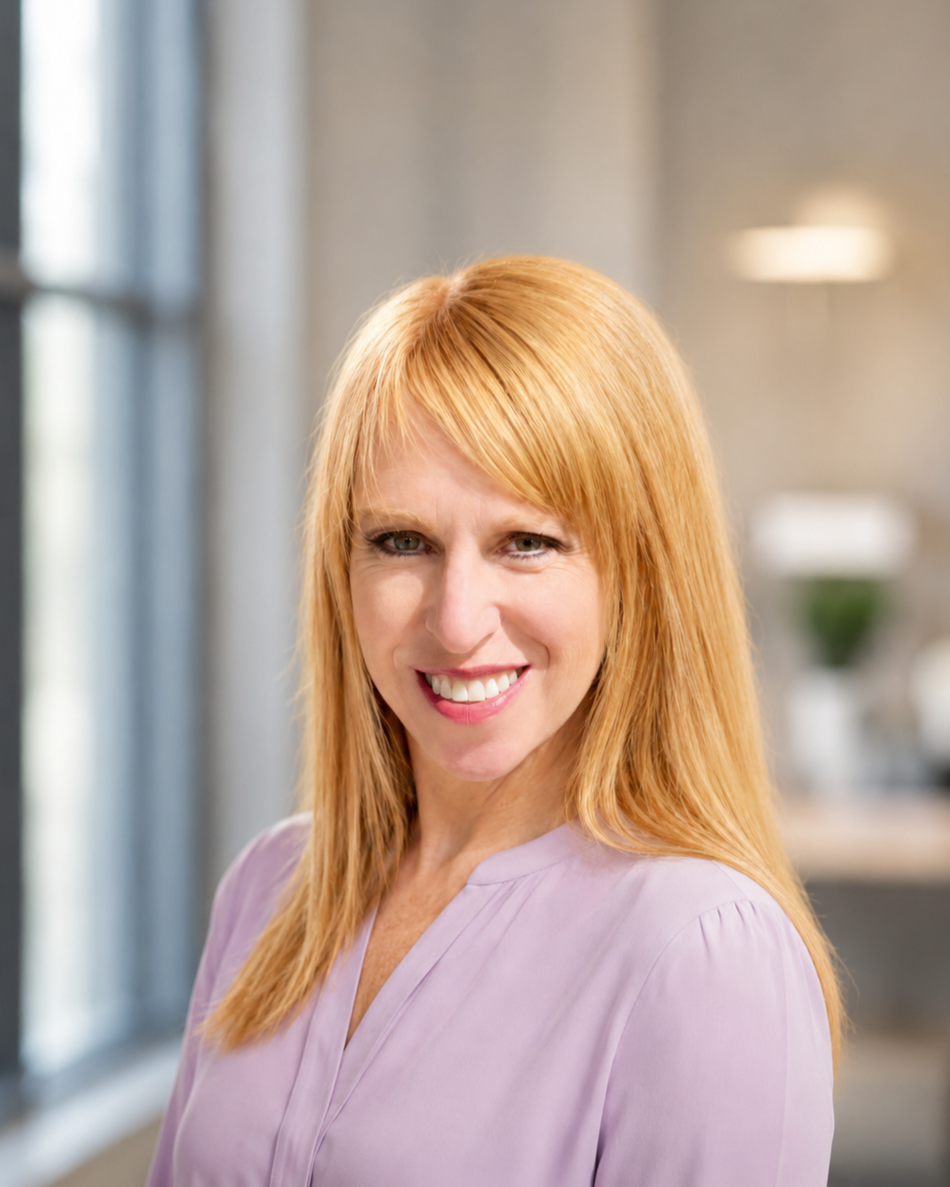 A woman with red hair smiling, wearing a light purple blouse, in an indoor setting with blurred background.