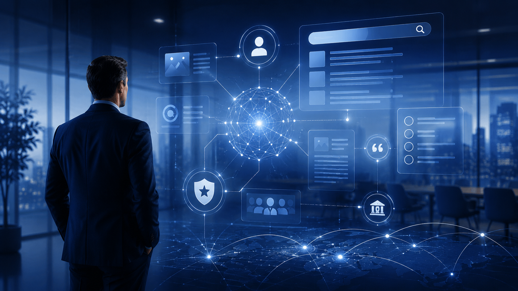 A man in a suit looking at a digital interface with interconnected icons and graphs, depicting concepts of data, technology, and networking in a modern office setting.