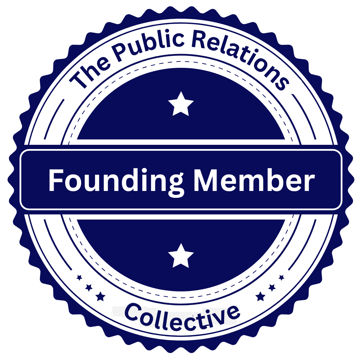 A blue and white badge with the text "The Public Relations Collective" at the top, "Founding Member" in the center, and "Collective" at the bottom, with stars and circular lines in the design.