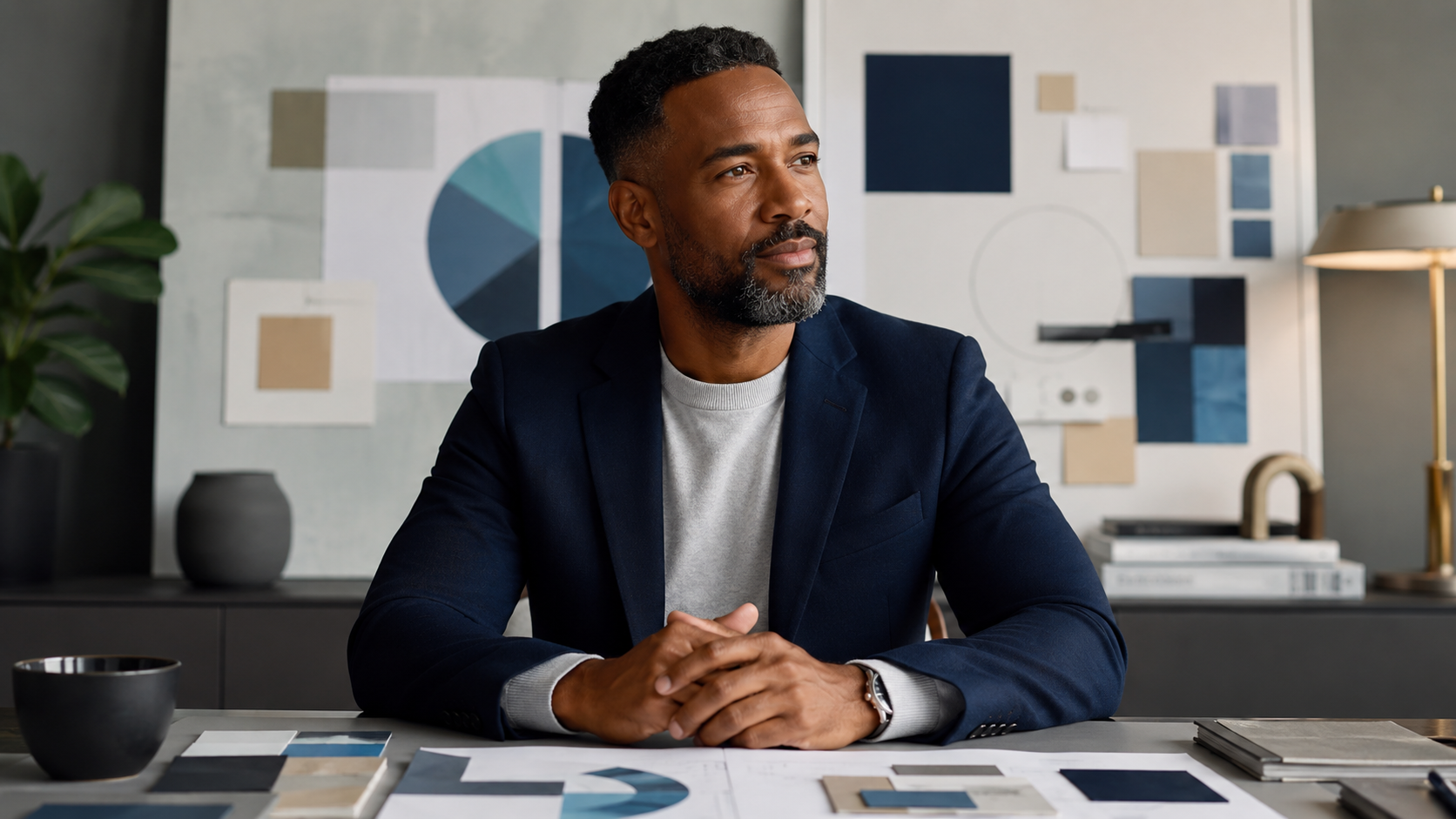 A man with short dark hair and a beard, wearing a navy blazer and a light gray shirt, seated at a desk with documents and samples, looking to the side in a modern office with charts on the wall and a lamp.